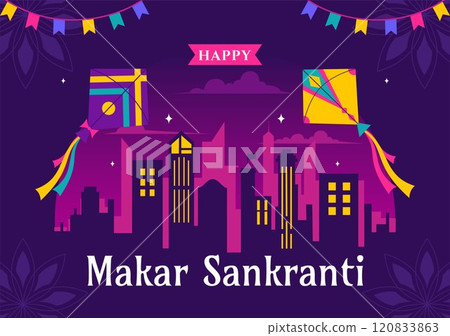 Makar Sankranti Vector Illustration. Translation the Harvest Festival. Indian Festive with Flying Colorful Kites and Festive Activity in a Background 120833863