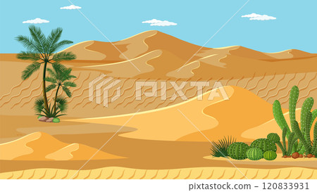 Desert Landscape with Cacti and Palms Desert Landscape with Cacti and Palms 120833931