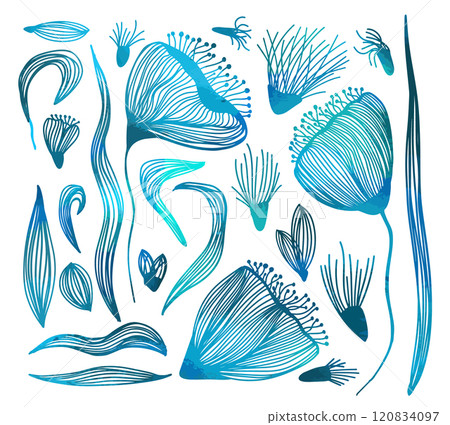 Set of blue flowers made from lines. hand drawing. Not AI, Vector illustration Set of blue flowers made from lines. hand drawing. Not AI, Vector illustration 120834097