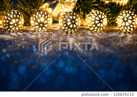 Colorful and Festive Holiday Lights and Decorations Featuring a Beautiful Bokeh Background 120834219