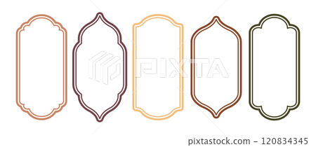 Islamic arch Windows. Indian architecture. Silhouettes of beige Arabic door. Ramadan kareem frames. Traditional Vector illustration 120834345
