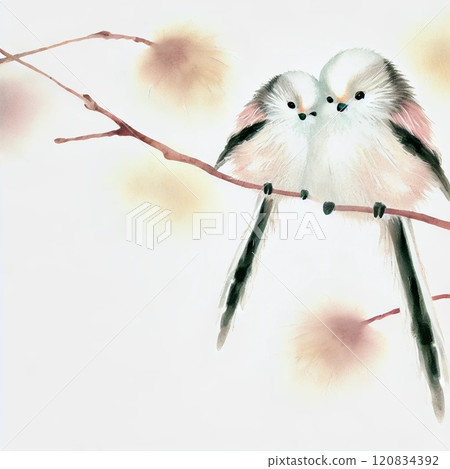 Long-tailed tits huddled together on the tip of a silent branch 120834392