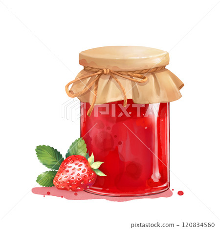 Glass jar with jam. Strawberry dessert. Hand drawn illustration on white 120834560