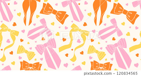 Hair bow seamless pattern with cute pink vintage ribbons. Vector illustration with trendy decorative girly elements and hearts. Flirtatious background for holidays and party. Hair bow seamless pattern with cute pink vintage ribbons. Vector illustration with trendy decorative girly elements and hearts. Flirtatious background for holidays and party. 120834565
