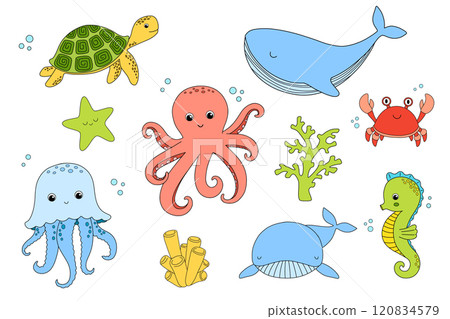 Baby seamless pattern with cute sea whale, octopus and turtle on white background for newborns. Ocean underwater animals Baby seamless pattern with cute sea whale, octopus and turtle on white background for newborns. Ocean underwater animals 120834579