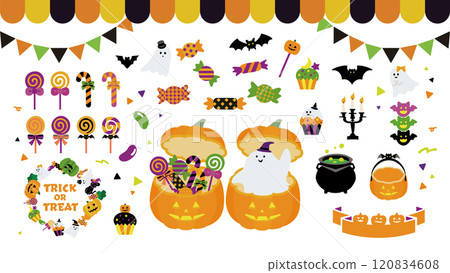 Halloween items and sweets illustration set 120834608