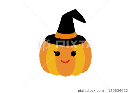 Cartoon of a jack-o'-lantern wearing a witch's hat 120834622