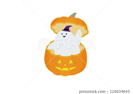 Illustration of a ghost saying hello from a candy box 120834643