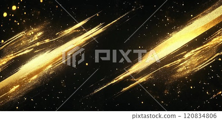 黑色背景上淡淡的金色對角書法風格線條和顆粒。深色日式抽像水平橫幅。 AI生成影像 120834806