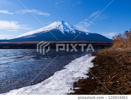 Mount Fuji in winter and Lake Yamanaka with its frozen surface Mount Fuji in winter and Lake Yamanaka with its frozen surface 120834861