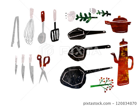 一組帶有斯堪的納維亞圖像的剪紙式廚房用具插圖 一組帶有斯堪的納維亞圖像的剪紙式廚房用具插圖 120834870