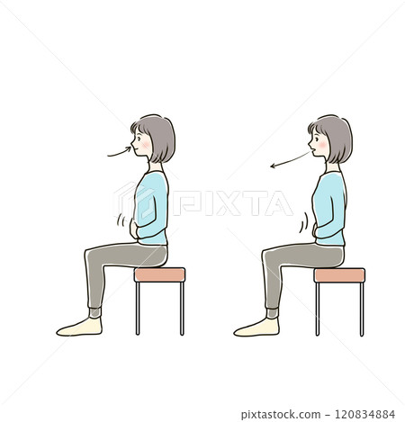 A woman sitting and breathing deeply (facing left) 120834884