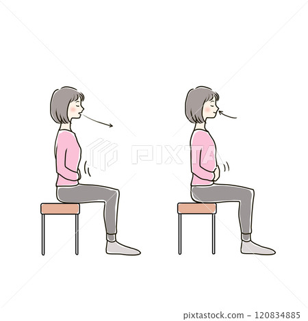 A woman sitting and breathing deeply (facing right) 120834885