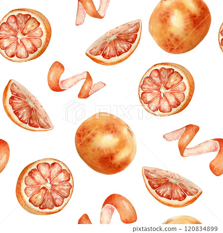 Red grapefruit slices, halves and whole fruit, peel spiral watercolor seamless pattern isolated on white. Ripe citruses on repeated background hand drawn . Red oranges in botanical sketch painted. 120834899