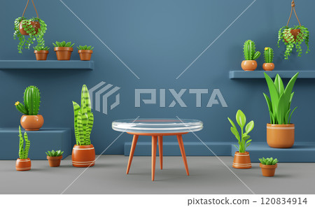 3d flower shop, living room or office interior with glass table, house plants in pot on shelves and floor. Floristic store with blue wall, transparent podium for product presentation. 3D illustration 3d flower shop, living room or office interior with glass table, house plants in pot on shelves and floor. Floristic store with blue wall, transparent podium for product presentation. 3D illustration 120834914