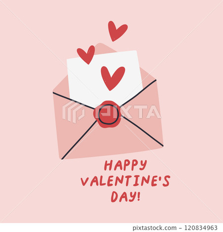 Simple Valentines Day card with envelope. Flat vector hearts hand drawn doodle. Simple, minimalistic, holiday card. 120834963