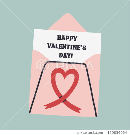 Simple Valentines Day card with envelope. Flat vector hearts hand drawn doodle. Simple, minimalistic, holiday card. 120834964