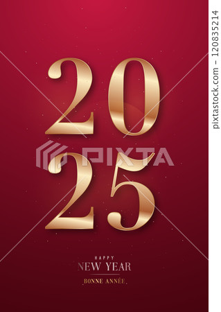Happy New Year 2025 greeting in gold on red 120835214