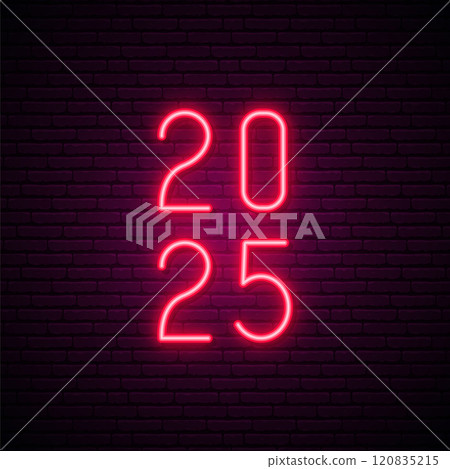Neon lights forming 2025 against brick wall Neon lights forming 2025 against brick wall 120835215