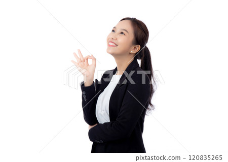 Portrait young asian business woman in suit gesture ok with confident and achievement isolated. Portrait young asian business woman in suit gesture ok with confident and achievement isolated. 120835265