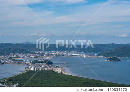 Karatsu Castle, Karatsu Bay, and Niji no Matsubara as seen from Kagamiyama Observatory in Karatsu City, Saga Prefecture 120835270