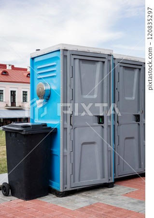 Mobile toilets for public events. 120835297
