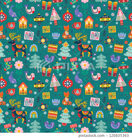 Scandinavian winter, seamless pattern, winter, fir trees, deer, birds, snowflakes, Christmas tree decorations 120835363