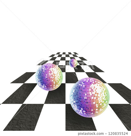 Disco balls in chaotic motion in perspective across a checkerboard surface bi-directional.Realistic style of watercolor illustration for for music covers,postcards, flyers in the style of 80s,90s 120835524