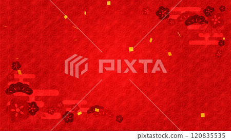 Confetti and hemp leaf pattern on red background illustration Japanese pattern New Year's greetings Japanese style Confetti and hemp leaf pattern on red background illustration Japanese pattern New Year's greetings Japanese style 120835535