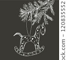 Toy horse hanging on a pine tree branch, drawn in sketch style. Vintage Christmas and New Year card on a gray background 120835552