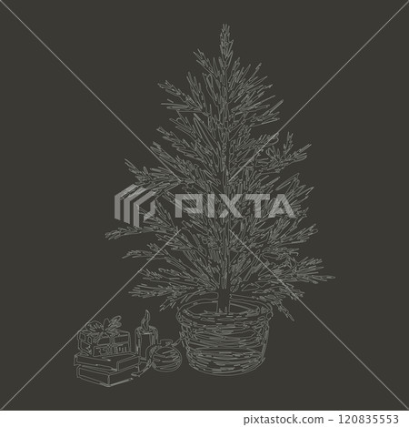 Christmas tree with gifts sketch style drawing. Hand drawn in hatching style. Chalk drawings on graphic board. Christmas and New Year cards design on gray background Christmas tree with gifts sketch style drawing. Hand drawn in hatching style. Chalk drawings on graphic board. Christmas and New Year cards design on gray background 120835553
