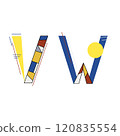 Alphabet letters VW in Kandinsky style for your design, vector image. Color combination classic triad. 120835554