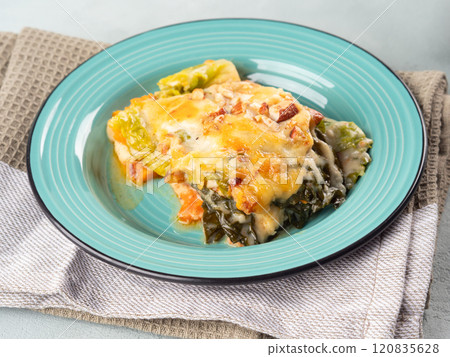 Baked squash and savoy cabbage casserole vegetarian lasagna 120835628