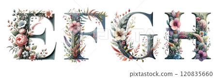 Serif alphabet in watercolor style with flowers and leaves. For wedding invitation, vintage arrangement and classic decoration. 120835660