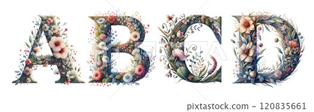 Serif alphabet in watercolor style with flowers and leaves. For wedding invitation, vintage arrangement and classic decoration. Serif alphabet in watercolor style with flowers and leaves. For wedding invitation, vintage arrangement and classic decoration. 120835661