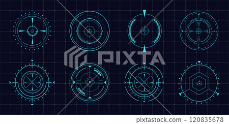 Hud aim pointer optical target, Futuristic focus range indicators, laser crosshair collimator sight. Measurement sniper for sniper gun. Game interface design ui element 120835678