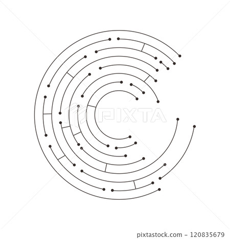 Circuit radial board line microchip, software. Integrated motherboard, connections. Innovative Electronic Network. Technology background, design elements Round shape consisting of dots and lines 120835679