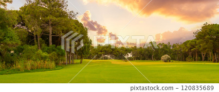 A picturesque golf course surrounded by lush trees, illuminated by the golden hues of a peaceful sunset sky, perfect for relaxation. 120835689