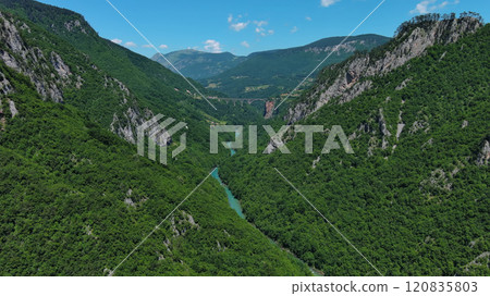 Aerial view on Djurdjevica arch bridge over Tara Aerial view on Djurdjevica arch bridge over Tara 120835803