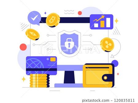 Cryptocurrency Vector Illustration featuring a Pile of Coins, Digital Currency Wallet Technology, and Cryptocurrency Bitcoin in a Flat Background 120835811