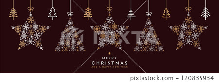 christmas greeting card with hanging snowflake fir tree and star decoration vector illustration christmas greeting card with hanging snowflake fir tree and star decoration vector illustration 120835934