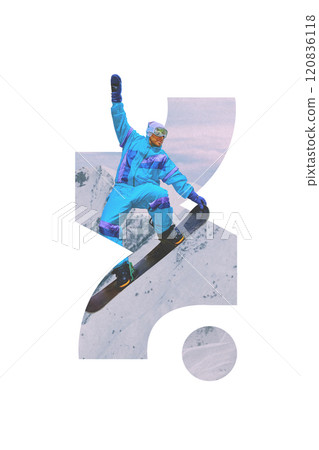 Contemporary art collage. Snowboarder in blue gear leaps into air, showcasing skill and passion for extreme winter sports. Snowy mountains on backdrop. 120836118
