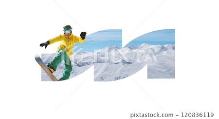 Contemporary art collage. Snowboarder in yellow and green winter gear descends pristine snowy slope in mountains. Exhilarating scene of winter adventure. 120836119
