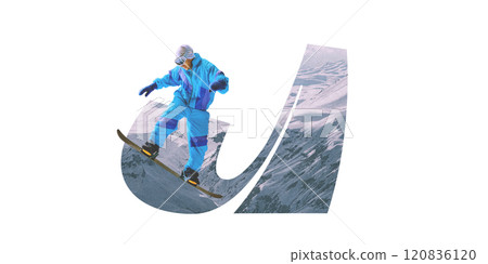 Contemporary art collage. Snowboarder in blue winter suit performs impressive aerial trick on snowy slope. Moment for winter sports enthusiasts. Contemporary art collage. Snowboarder in blue winter suit performs impressive aerial trick on snowy slope. Moment for winter sports enthusiasts. 120836120