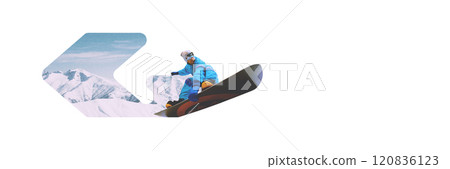 Banner. Contemporary art collage. Snowboarder wearing vibrant blue suit performs dynamic carve on snowy mountain backdrop. 120836123