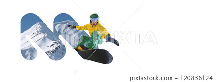 Banner. Contemporary art collage. Snowboarder dressed in yellow jacket and green pants performs aerial trick on snowy mountain slope. Banner. Contemporary art collage. Snowboarder dressed in yellow jacket and green pants performs aerial trick on snowy mountain slope. 120836124
