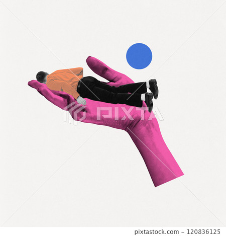 Contemporary art collage. Man lying in vibrant pink hand, symbolizing peace and relief found through emotional support. 120836125