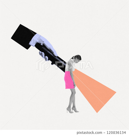 Contemporary art collage. Woman dressed formal wear under spotlight held by hand, representing focus on mental health issues and stress 120836134