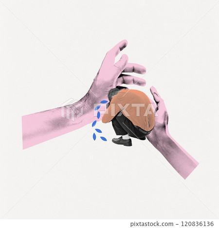 Contemporary art collage. Two hands holding curled-up person dressed official attire, symbolizing emotional support. 120836136