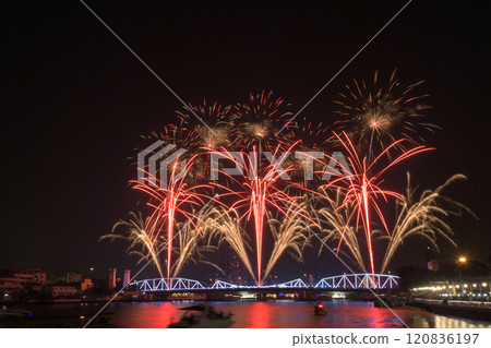 People enjoyed Fireworks show on Memorial bridge cross the Chao Phraya river 120836197